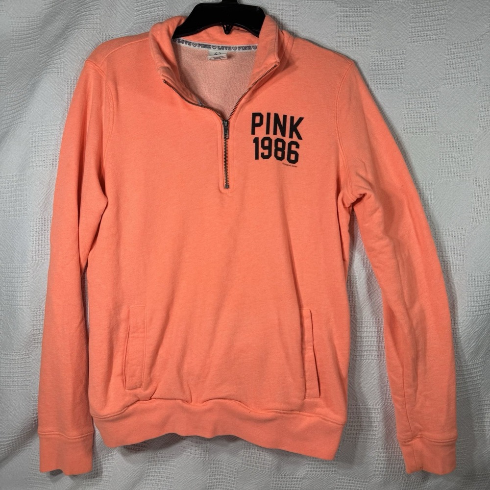 Victoria's Secret PINK 1986 Women's 1/4 Zip Pullover Sweatshirt Coral‎ Size Med